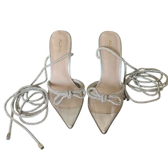 Aldo Halalia Silver Rhinestone Clear Point Bow Embellished Heels Pumps size 7 - Picture 4 of 12